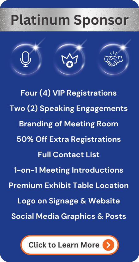 Platinum sponsorship includes four VIP passes, two speaking slots, branded room, full contact list, and premium visibility