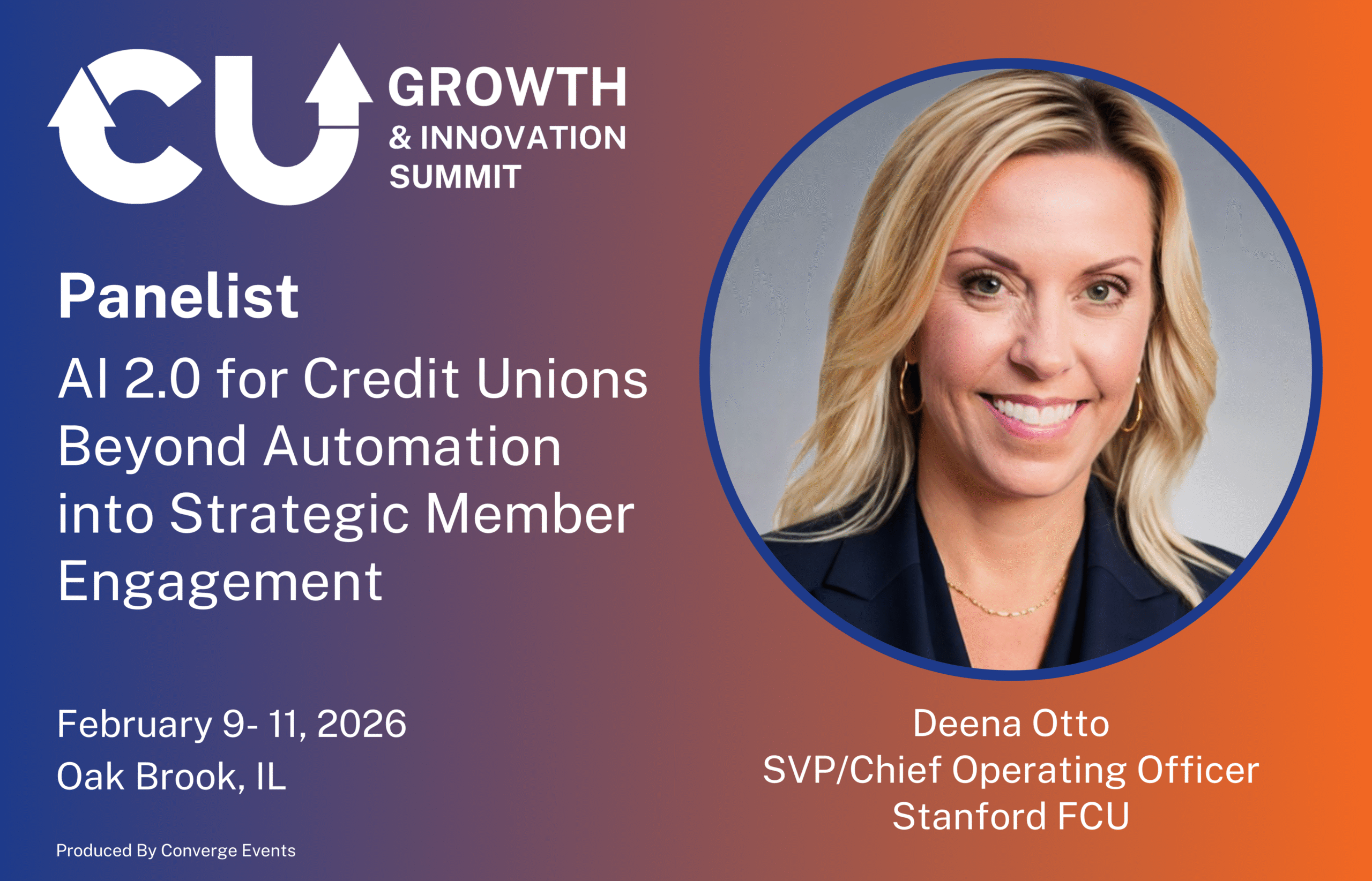 Announcement graphic introducing Deena Otto, COO of Stanford FCU, as a panelist at the CU Growth & Innovation Summit 2026.