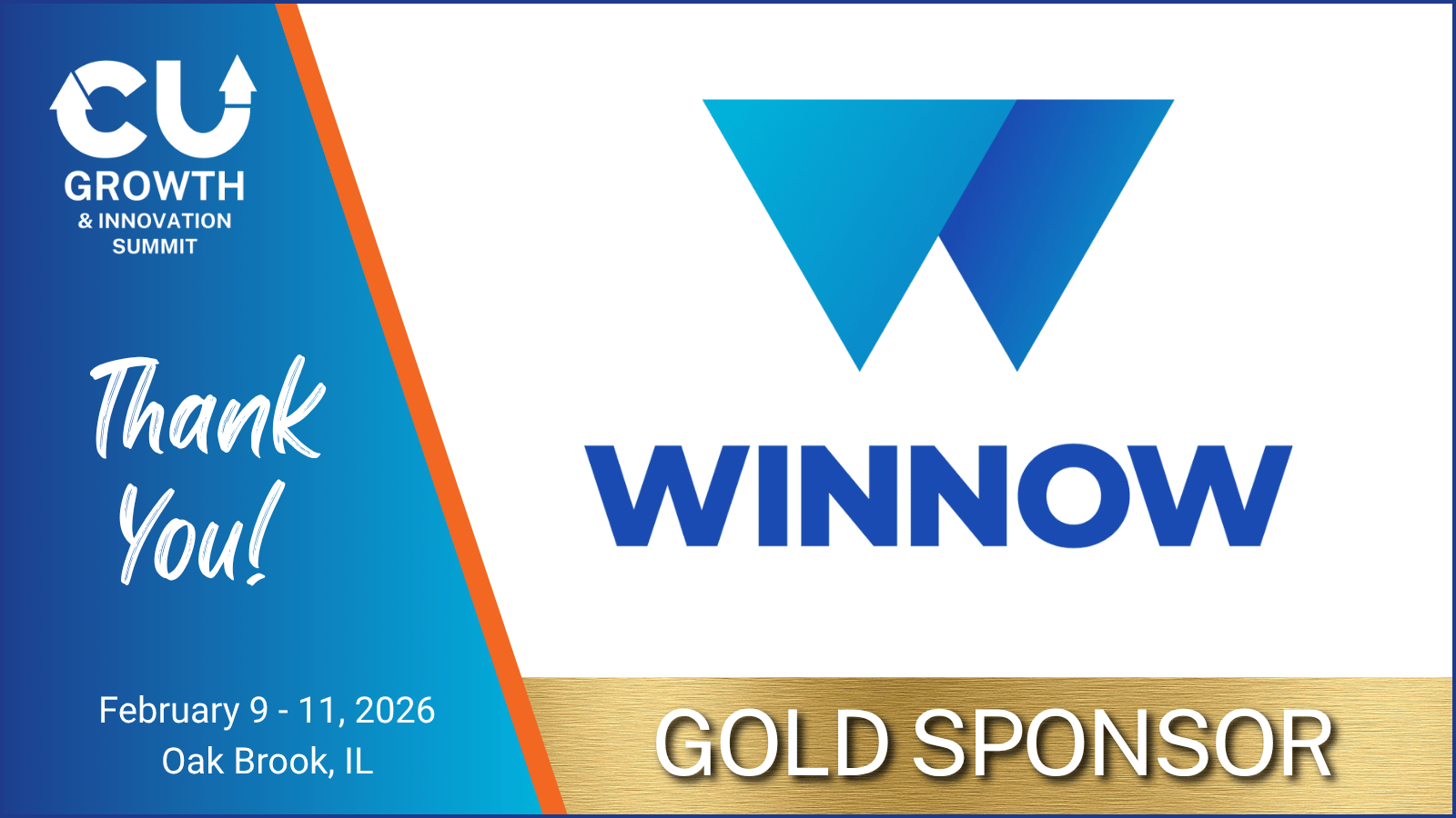Gold Sponsor announcement for Winnow highlighting their support of compliance innovation at the CU Growth & Innovation Summit 2026