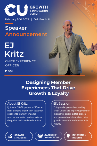 EJ Kritz, Chief Experience Officer at DBSI, joins the 2027 CU Growth & Innovation Summit as a panelist discussing member experience, credit union growth, and loyalty. DBSI is a Platinum Sponsor.